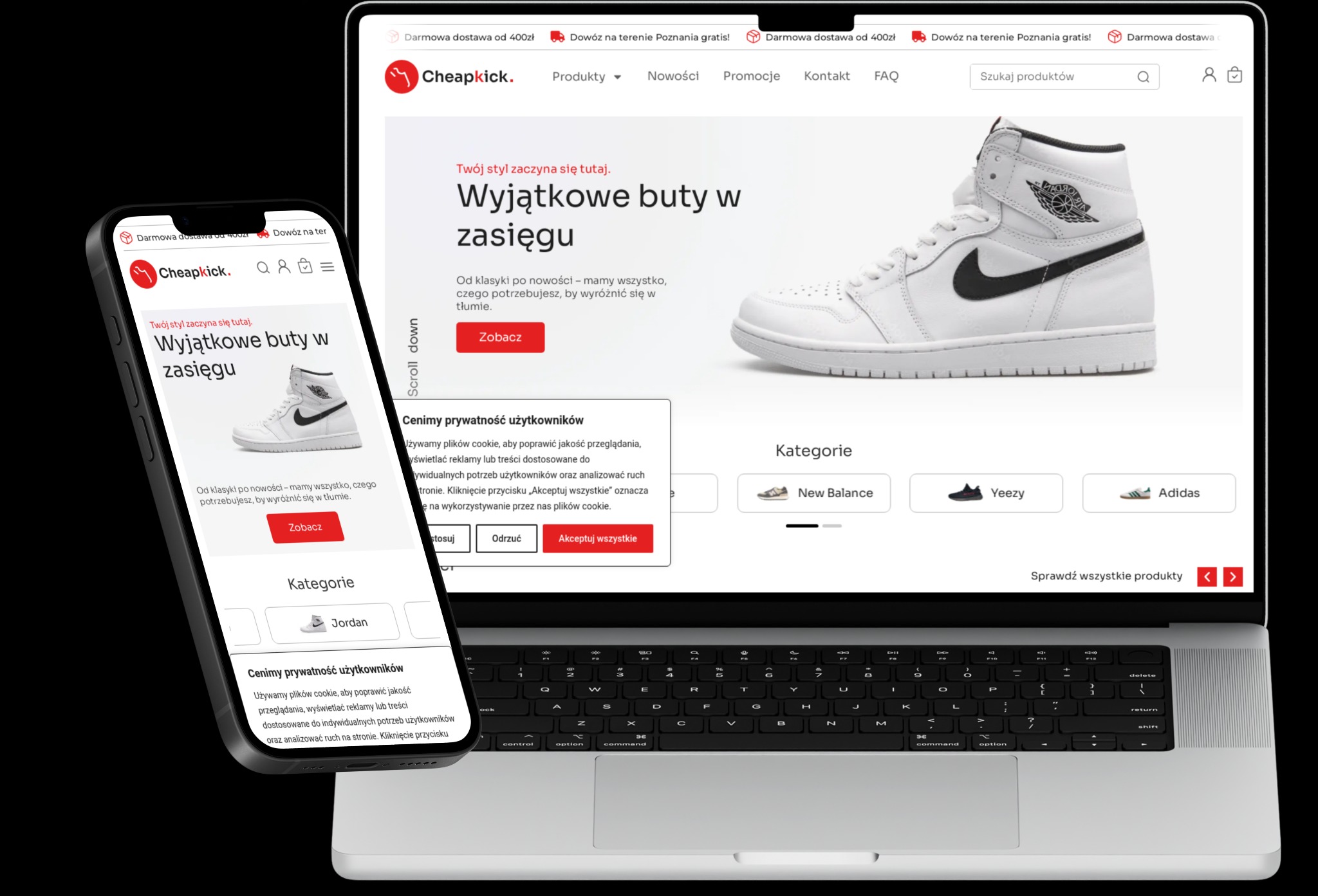 Prezentacja responsywnego sklepu internetowego z obuwiem na laptopie i smartfonie, widoczne kategorie produktów, baner informujący o darmowej dostawie i polityce prywatności.