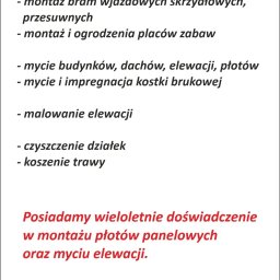 PŁOT i BLASK Damian Siemiński - Lista usług firmy: montaż ogrodzeń (panelowych, betonowych, metalowych, siatki), montaż bram, mycie (budynków, dachów, elewacji, kostki brukowej), malowanie elewacji, czyszczenie działek, koszenie...