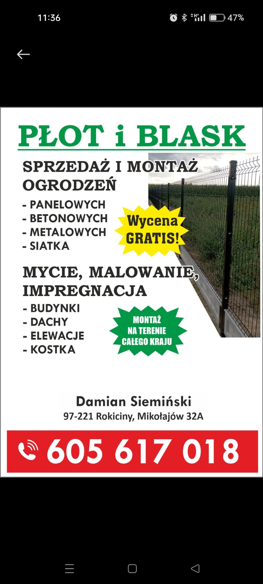 Reklama firmy Płot i Blask oferującej sprzedaż i montaż ogrodzeń panelowych, betonowych, metalowych i z siatki, a także mycie, malowanie i impregnację budynków, dachów, elewacji i kostki brukowej.