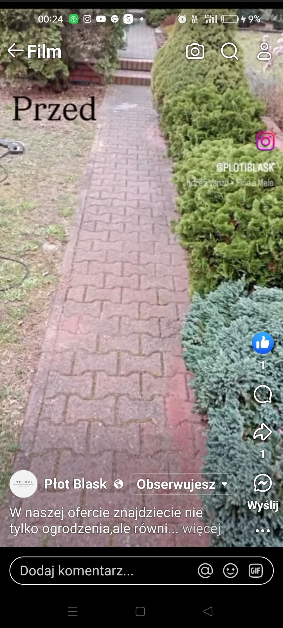 Kostka brukowa przed czyszczeniem, widoczne zabrudzenia i porosty, ścieżka prowadząca w głąb ogrodu.