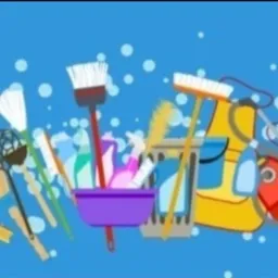 Ilustracja różnych narzędzi i środków czystości, w tym szczotki, mopy, rękawice i butelki z detergentami, na błękitnym tle z białymi bąbelkami.