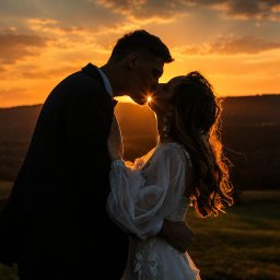 Sensitiv Photography Justyna Żukowska - Romantyczna para w eleganckich strojach całująca się o zachodzie słońca, z promieniami słońca tworzącymi świetlisty punkt między ich sylwetkami. Złota godzina na tle wzgórz.