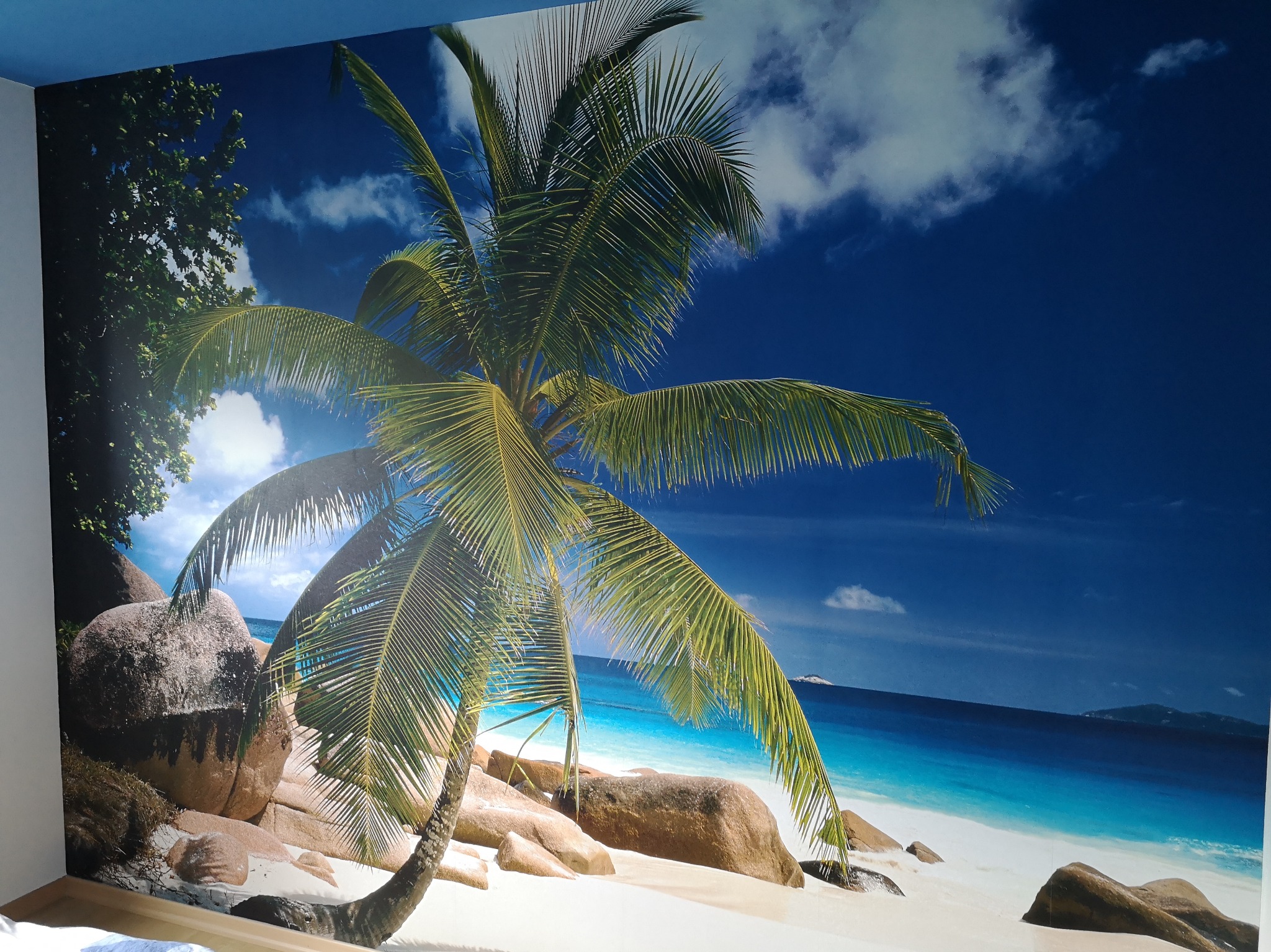 Fototapeta na ścianie przedstawiająca tropikalną plażę z palmą, błękitnym niebem i białym piaskiem, częściowo zasłonięta przez meble.