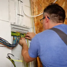 Elektryk w niebieskiej koszulce łączy kolorowe przewody w skrzynce rozdzielczej na ścianie z bloczków betonowych, widoczne kable zabezpieczone czarnymi opaskami.