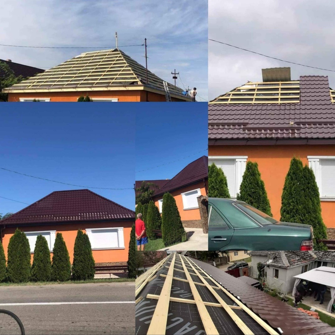 Montaż łat na dachu pomarańczowego domu z widoczną więźbą dachową i częściowo ułożonym brązowym pokryciem dachowym; kolaż kilku ujęć.