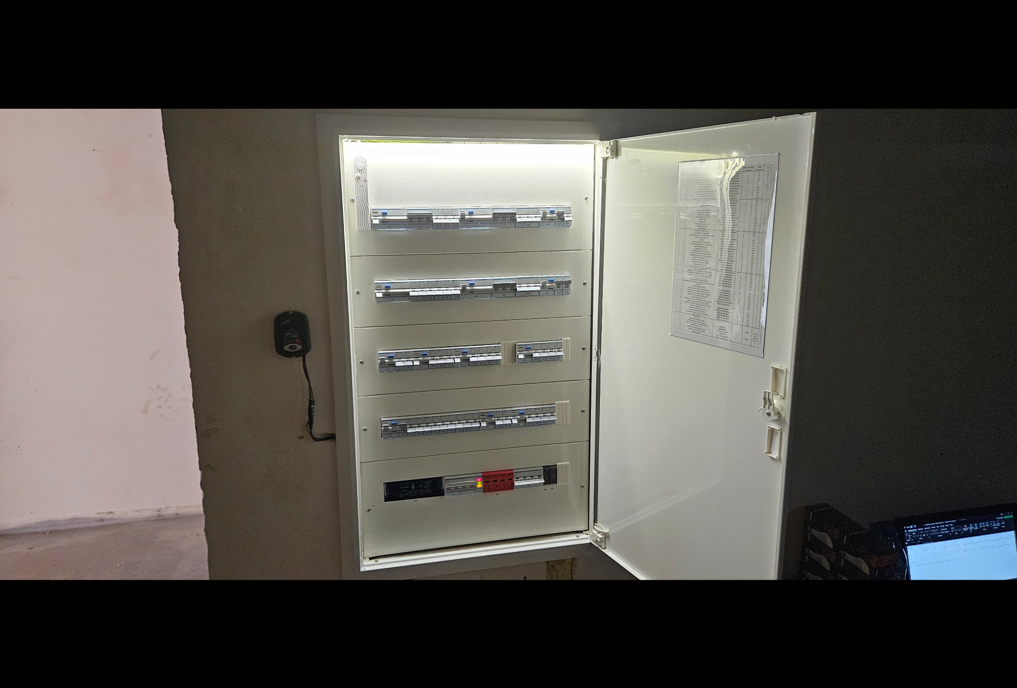 Otwarta skrzynka elektryczna z zamontowanymi bezpiecznikami i listwą zaciskową, widoczna lista opisowa na wewnętrznej stronie drzwiczek, w tle fragment ściany w stanie surowym i fragment laptopa.