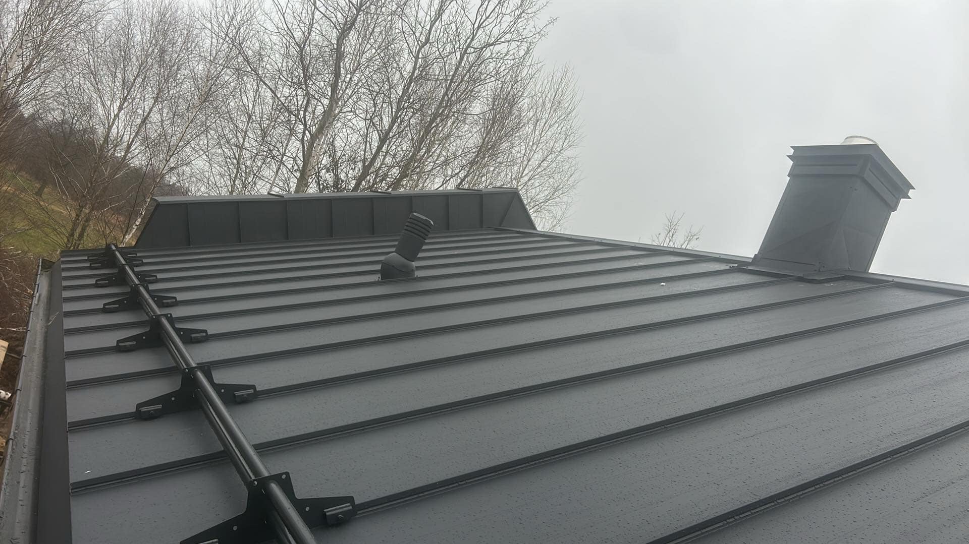 Szary dach z blachy na rąbek stojący z zamontowanymi zabezpieczeniami przeciwśniegowymi, kominem i odpowietrznikiem, widok z dołu na tle pochmurnego nieba i drzew bez liści.