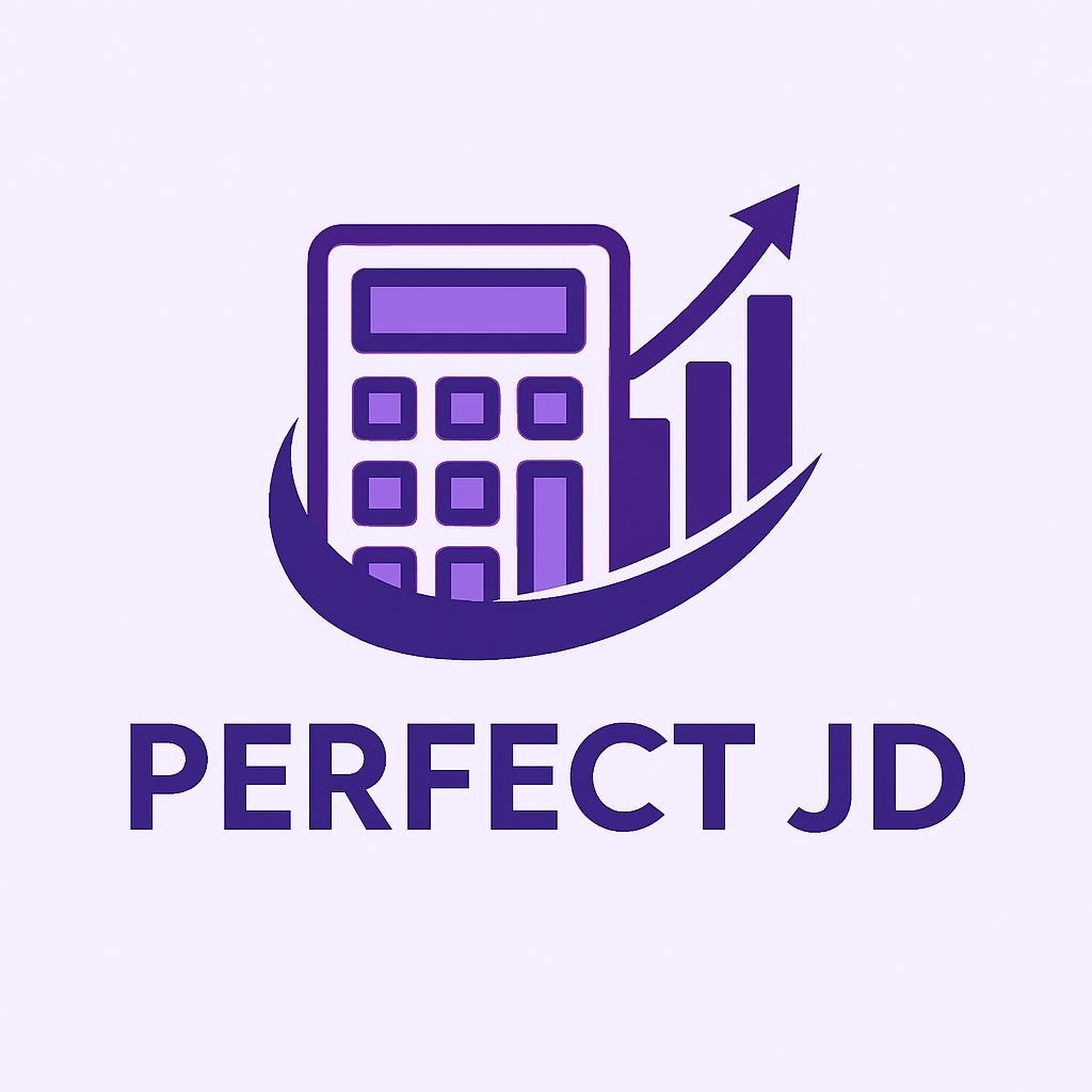 Logo firmy Perfect JD: fioletowy kalkulator z wykresem wzrostu na jasnym tle, symbolizujące usługi finansowe i księgowe.