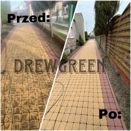 Drew Green - Efekt czyszczenia kostki brukowej: porównanie stanu 'przed' - zabrudzona i 'po' - czysta, z widoczną różnicą w kolorze i usunięciem zabrudzeń. Długi kadr na ścieżkę.