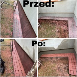 Drew Green - Zdjęcie 'przed i po' przedstawia czyszczenie kostki brukowej przy budynku. Widać różnicę w wyglądzie kostki i elewacji po wykonanej usłudze.