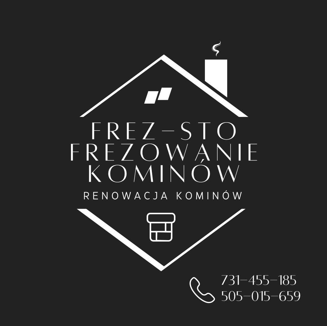 Grafika firmowa prezentująca logo firmy Frez-Sto, oferującej frezowanie i renowację kominów, z ikoną komina i numerami telefonów na czarnym tle.