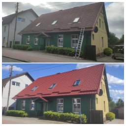 UMC KORDIAN - Zdjęcie 'przed i po' renowacji domu: dach z brązowego na czerwony, drabina oparta o ścianę, zielona elewacja. Widoczne zmiany kolorystyki i odświeżony wygląd.