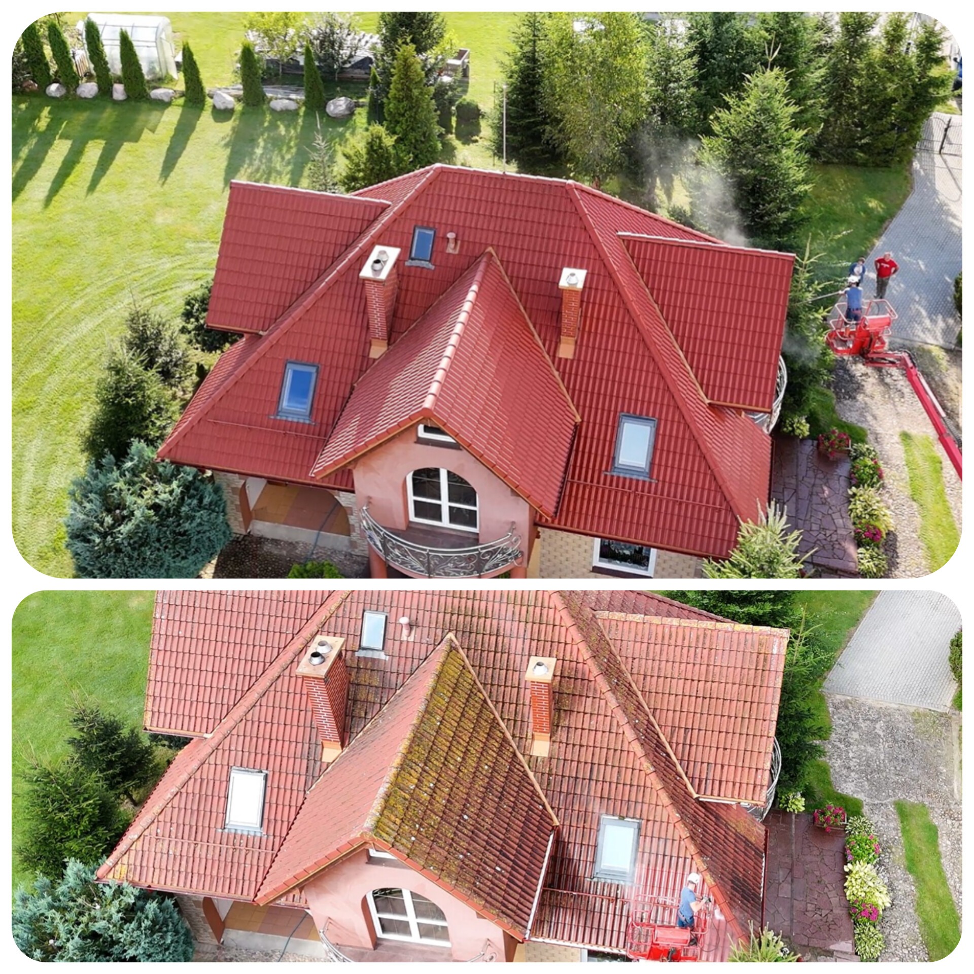 Zdjęcie dachu domu przed i po czyszczeniu, wykonane z góry. Na górnym zdjęciu dach jest czysty, na dolnym widać mech i zabrudzenia. Pracownicy na podnośniku koszowym.