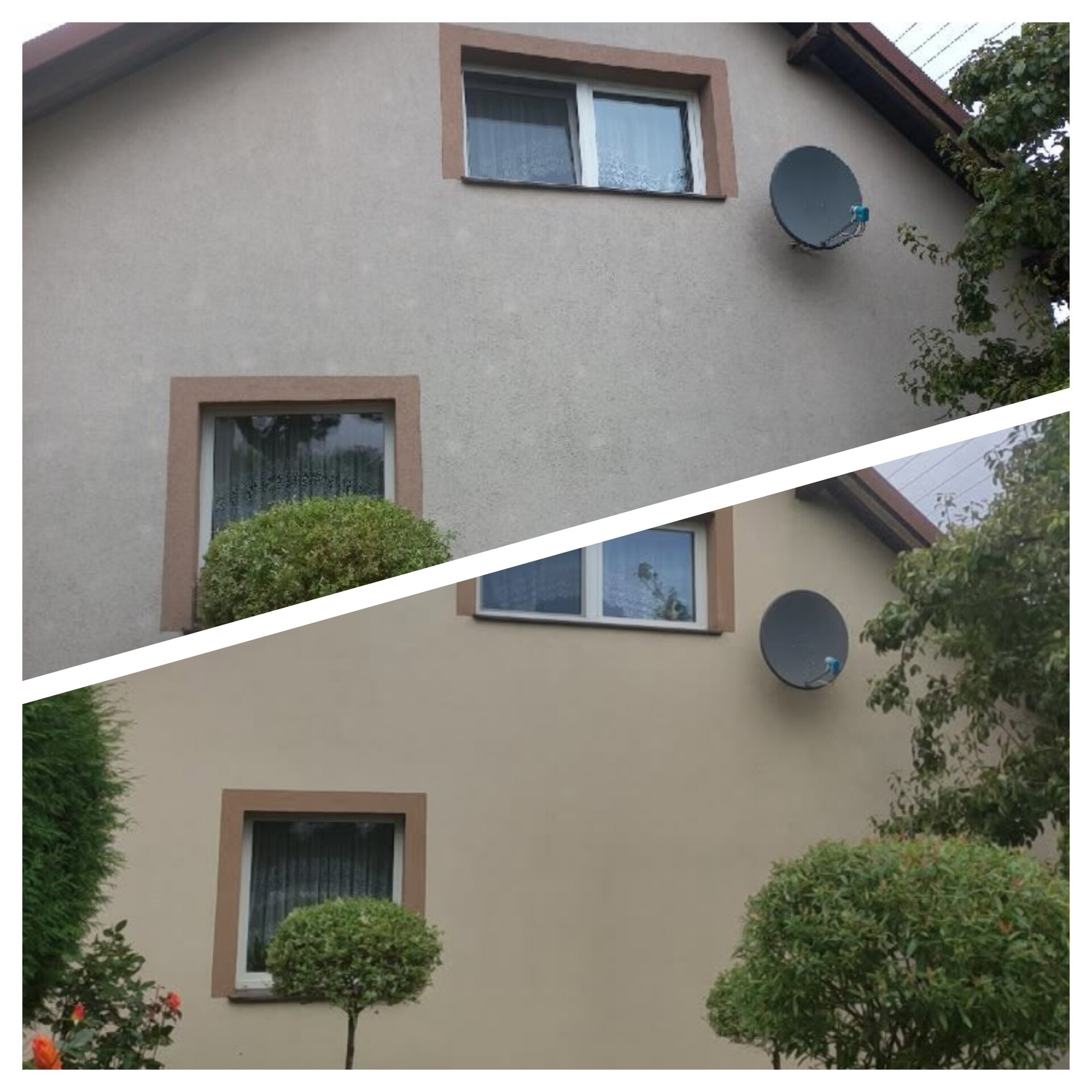 Efekt przed i po odświeżenia elewacji domu z oknami i anteną satelitarną w Sulęczyno. Porównanie stanu przed i po zabiegu, widoczne różnice w czystości.