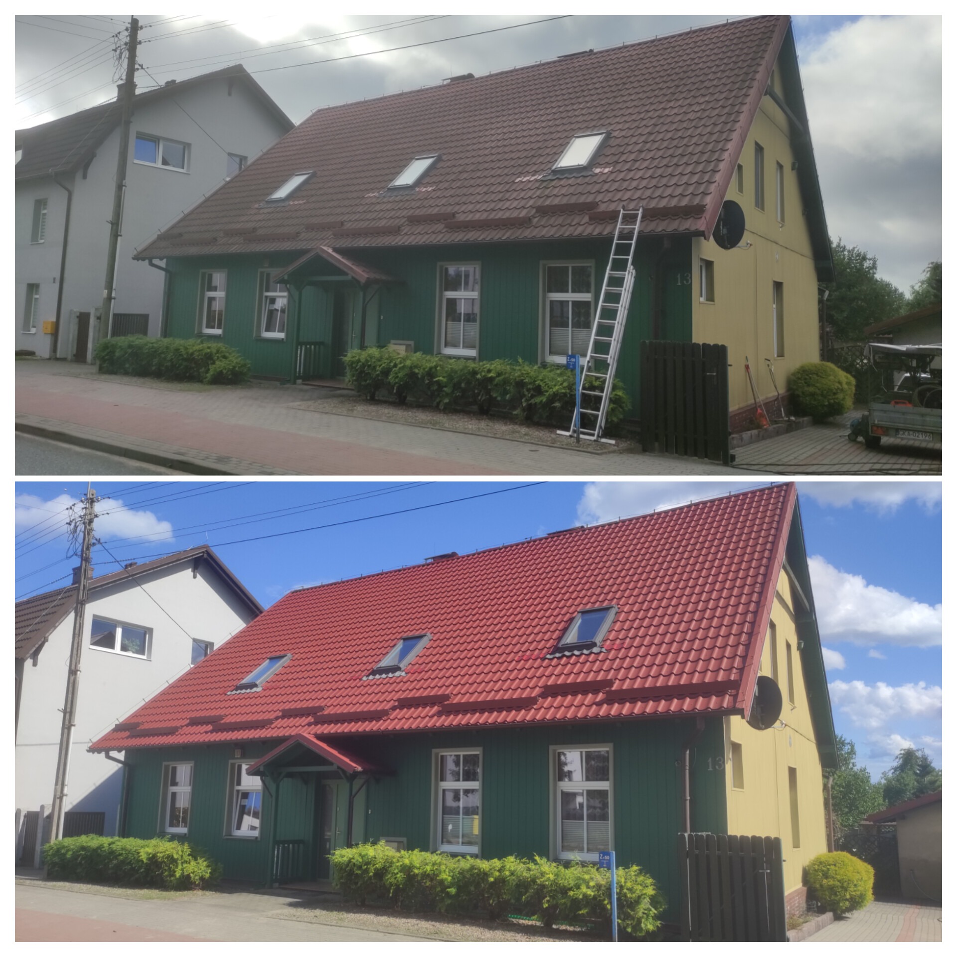 Zdjęcie 'przed i po' renowacji domu: dach z brązowego na czerwony, drabina oparta o ścianę, zielona elewacja. Widoczne zmiany kolorystyki i odświeżony wygląd.