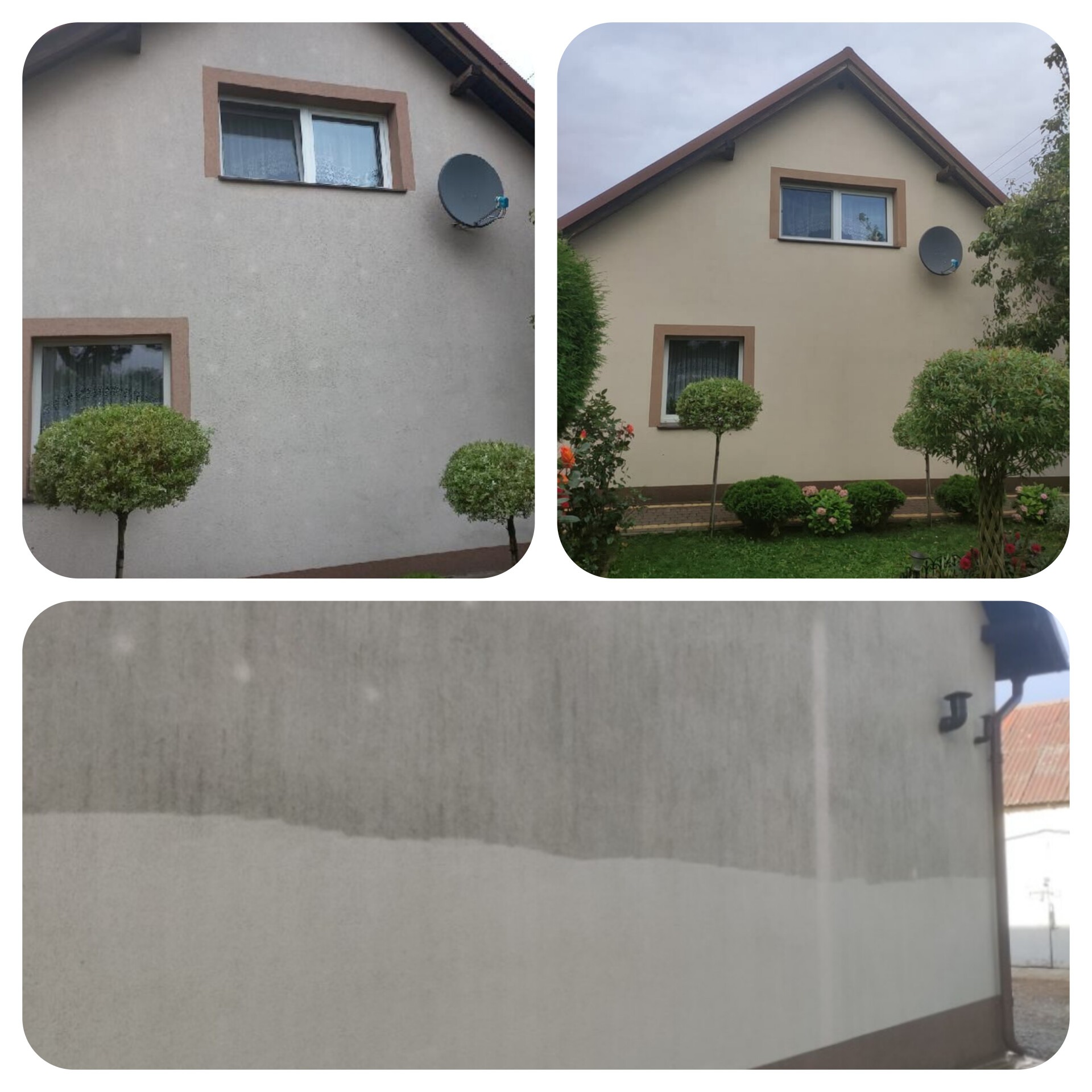Fotografia elewacji domu przed i po czyszczeniu, ukazująca różnicę w kolorze i czystości. Widoczne okna, krzewy i antena satelitarna.