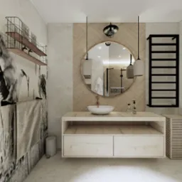 Łazienka 6m2, charakteru nadaje fototapeta z żurawiami