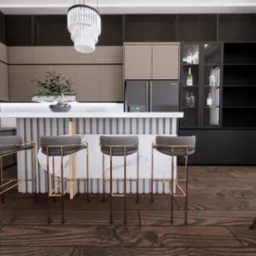 Nowoczesna kuchnia z wyspą, marmurowym blatem i hokerami na złotych n&oacute;żkach, oświetlona wiszącą lampą w kształcie kaskady, z drewnianą podłogą