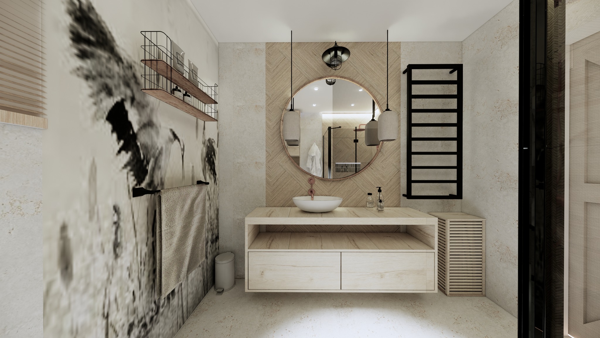 Łazienka 6m2, charakteru nadaje fototapeta z żurawiami