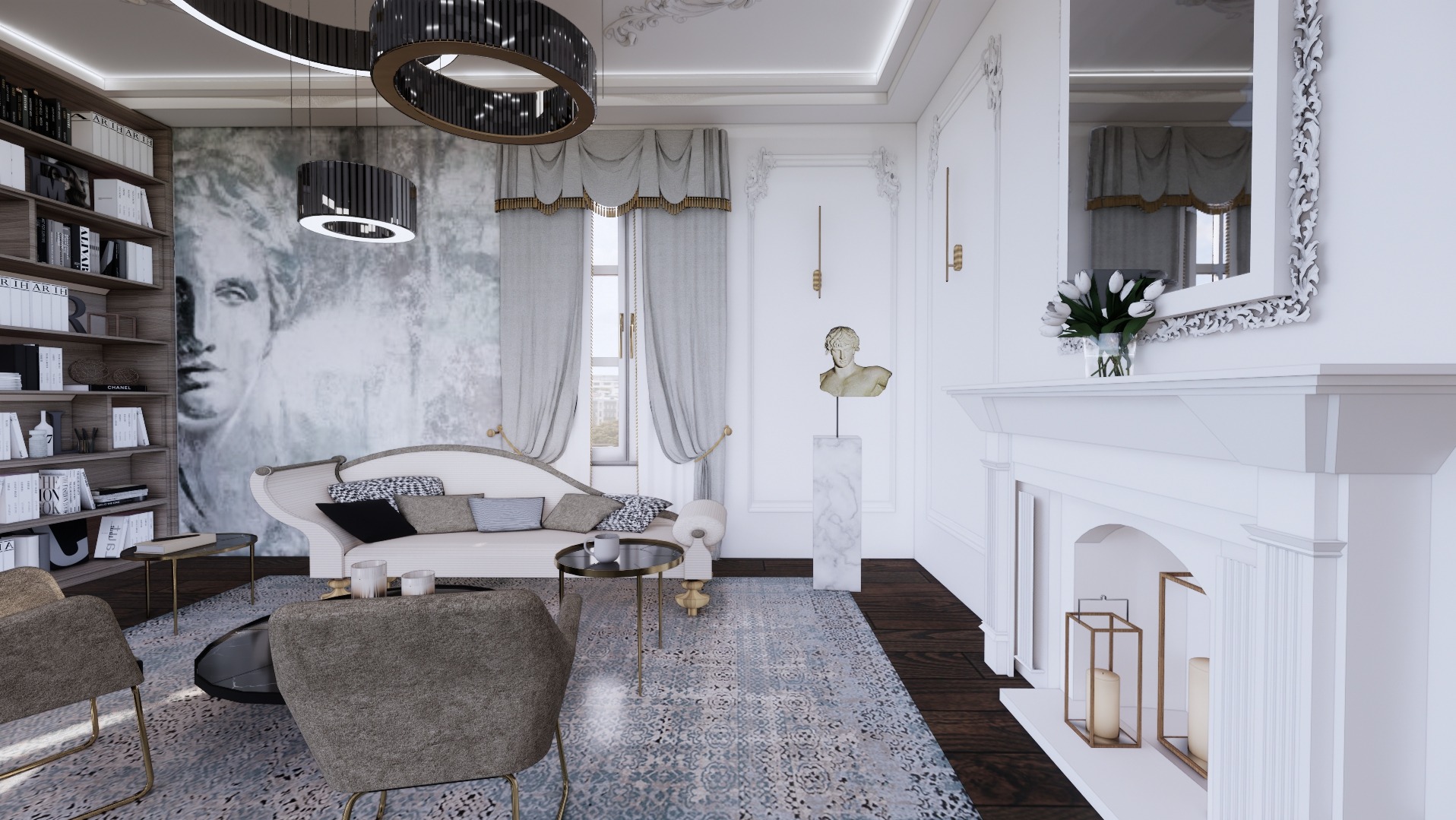 Elegancki salon w stylu klasycznym z nowoczesnymi akcentami: sofa z poduszkami, marmurowy kominek z kwiatami, portret na ścianie, designerskie lampy i dywan w odcieniach szarości i błękitu.