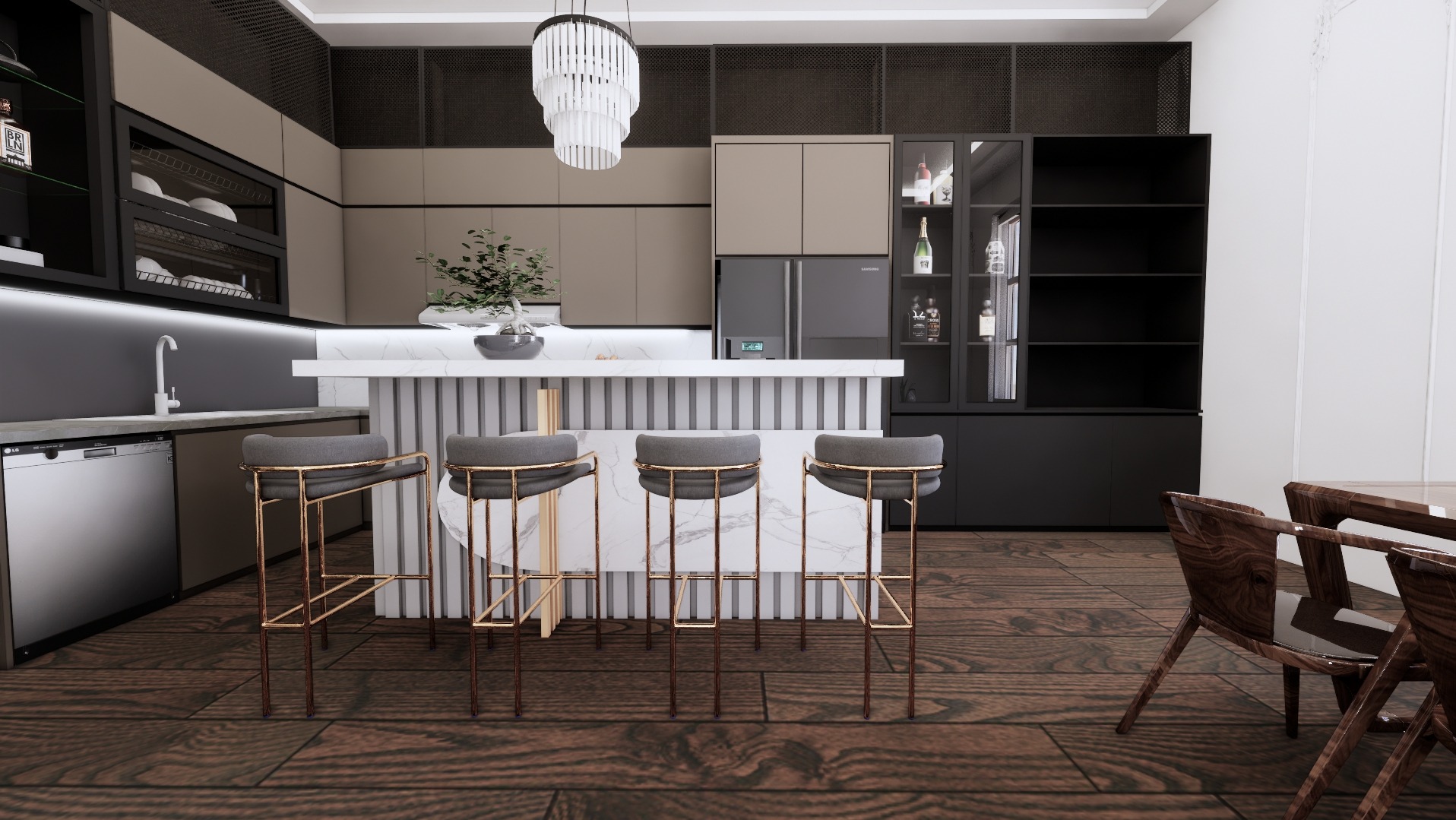 Nowoczesna kuchnia z wyspą, marmurowym blatem i hokerami na złotych nóżkach, oświetlona wiszącą lampą w kształcie kaskady, z drewnianą podłogą