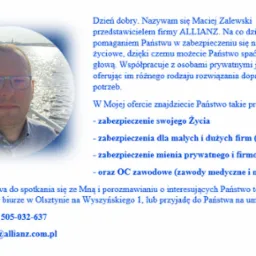 Zdjęcie Macieja Zalewskiego, przedstawiciela firmy Allianz, oferującego ubezpieczenia życiowe, firmowe, majątkowe i OC zawodowe, z danymi kontaktowymi.