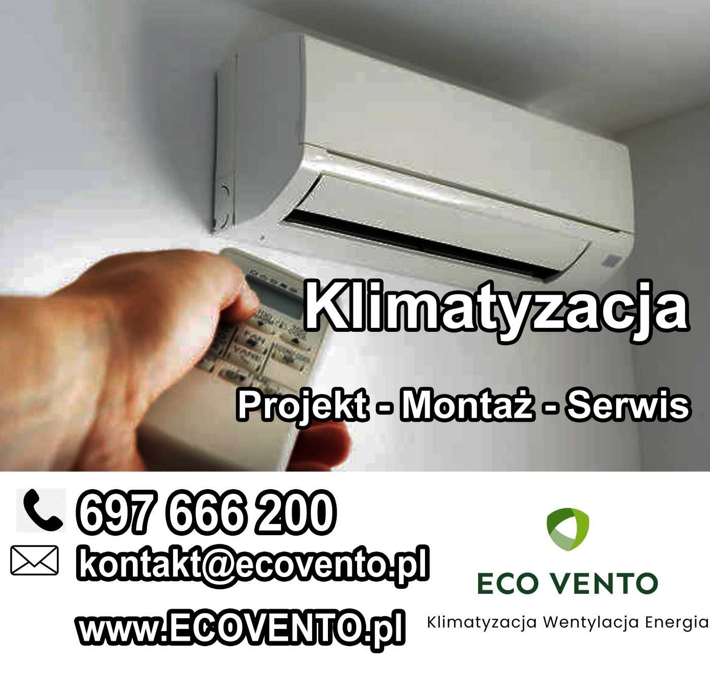 Zamontowana klimatyzacja w pomieszczeniu, sterowana pilotem. Reklama firmy z Świercz, oferującej montaż i serwis.