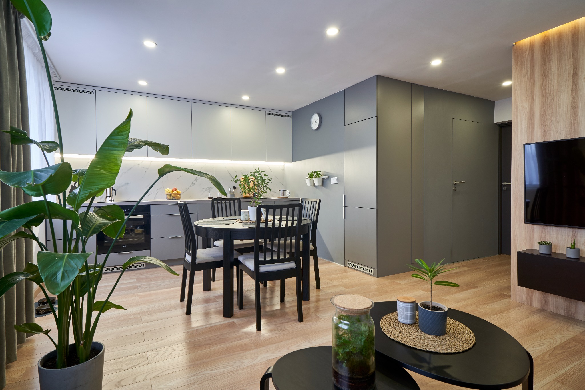 Jasne, nowoczesne wnętrze mieszkania z drewnianą podłogą, szarymi meblami kuchennymi, okrągłym stołem z czarnymi krzesłami, dużym zielonym kwiatem doniczkowym i dekoracjami na stoliku kawowym.