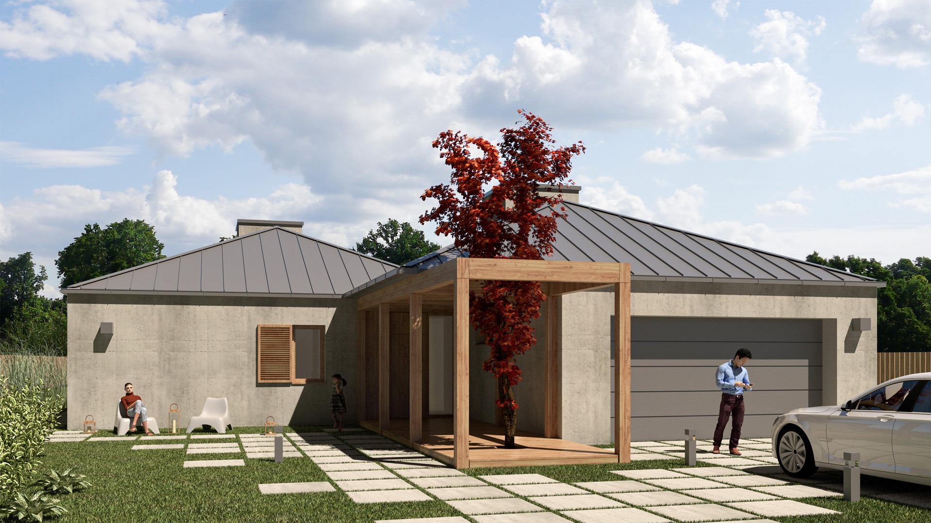 Wizualizacja domu jednorodzinnego z szarą elewacją i dachem, drewnianą pergolą z czerwonym drzewem, osoba korzystająca z telefonu przed garażem, rodzina siedząca w ogrodzie.