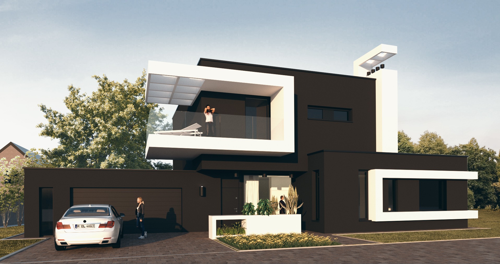 Wizualizacja nowoczesnego, dwukondygnacyjnego domu z płaskim dachem, ciemną elewacją i białymi akcentami architektonicznymi, z balkonem na piętrze, samochodem BMW zaparkowanym przed garażem...