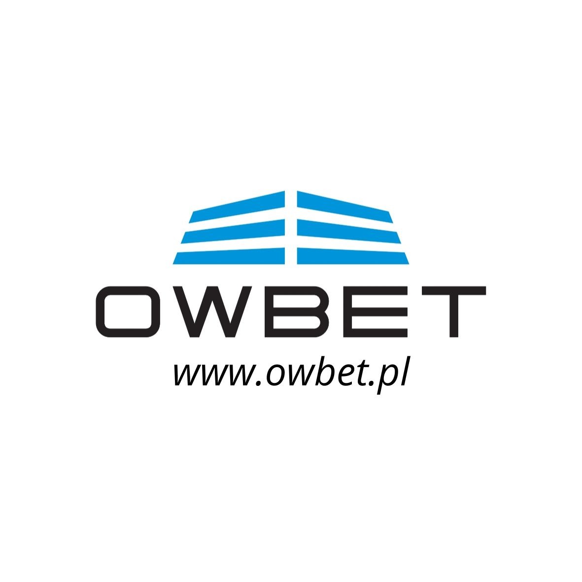 Logo firmy OWBet z niebieskim symbolem przypominającym bramę lub fragment ogrodzenia i adresem strony internetowej www.owbet.pl.