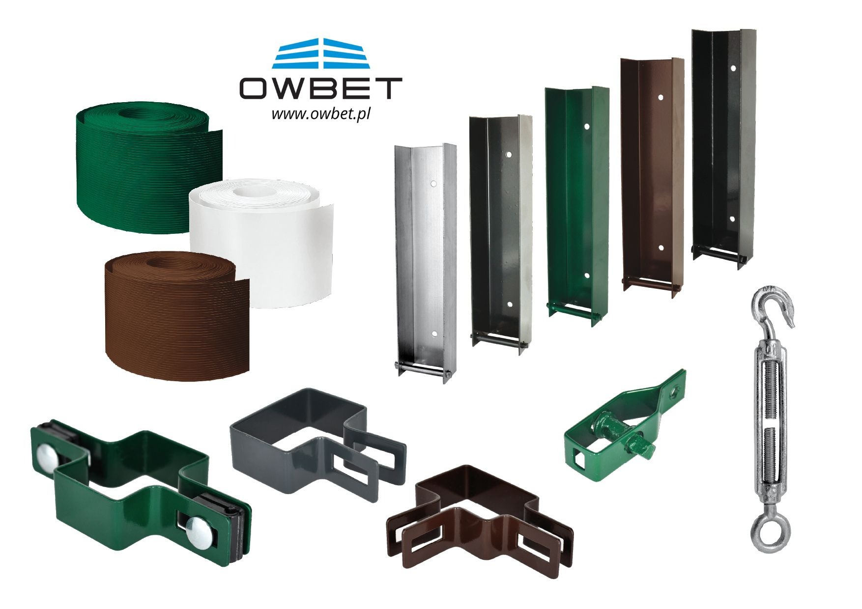 Zestaw akcesoriów i elementów konstrukcyjnych do budowy ogrodzeń: obejmy, słupki profilowe, napinacz drutu i taśmy maskujące w kolorach zielonym, białym i brązowym, na białym tle.