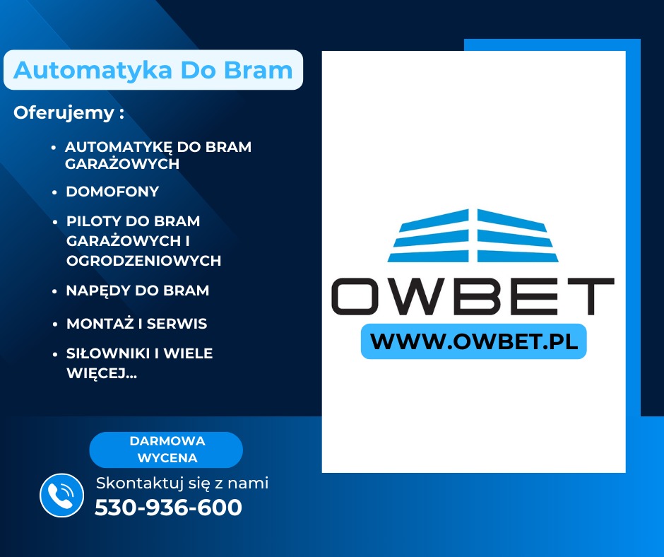 Reklama firmy z Padwi Narodowej oferującej automatykę do bram, domofony, piloty, napędy, montaż i serwis, z logo OWBET i numerem telefonu do kontaktu.