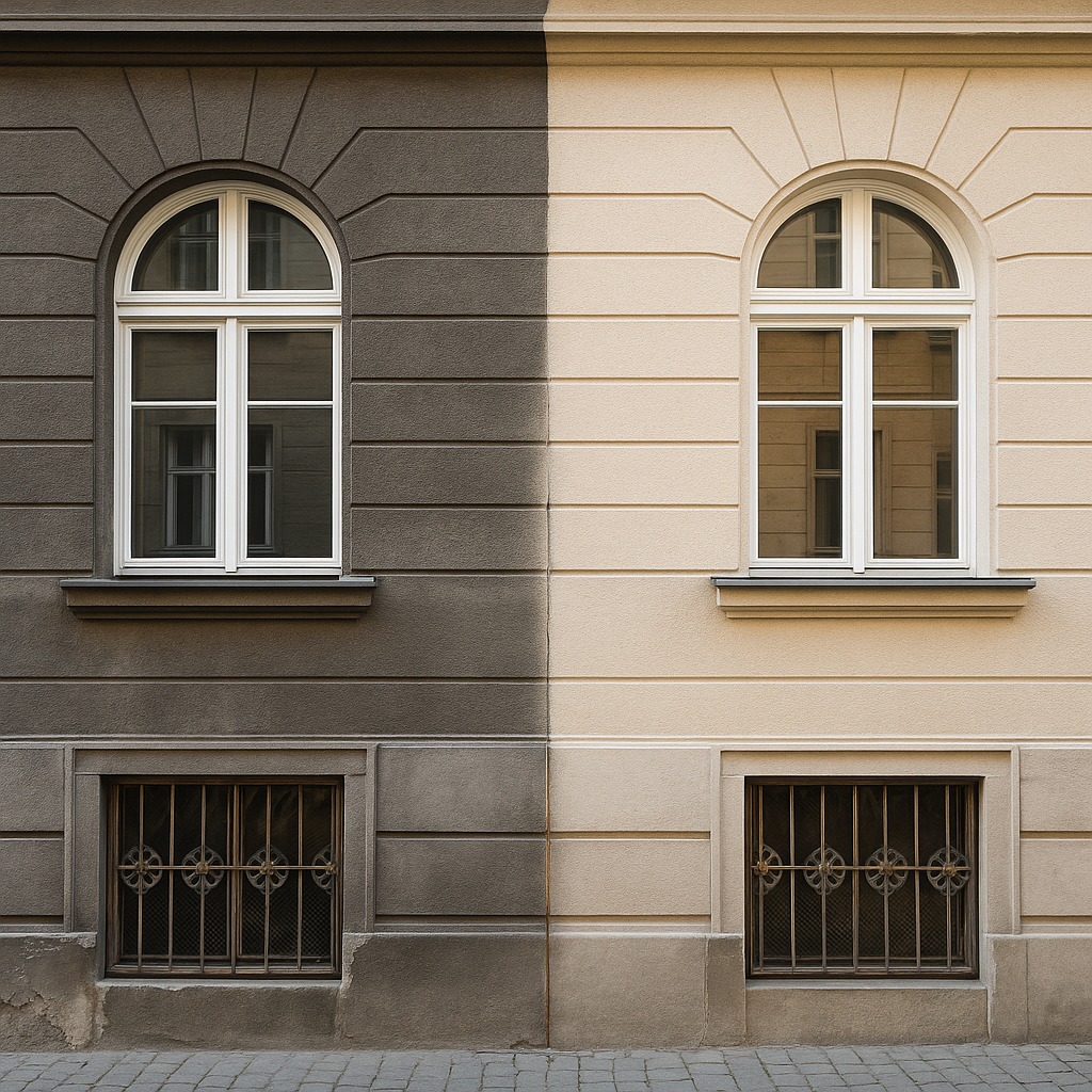 Elewacja budynku podzielona na dwie części: szarą z lewej i beżową z prawej, z dwoma oknami łukowymi i kratami w oknach piwnicznych. Kontrast kolorów.