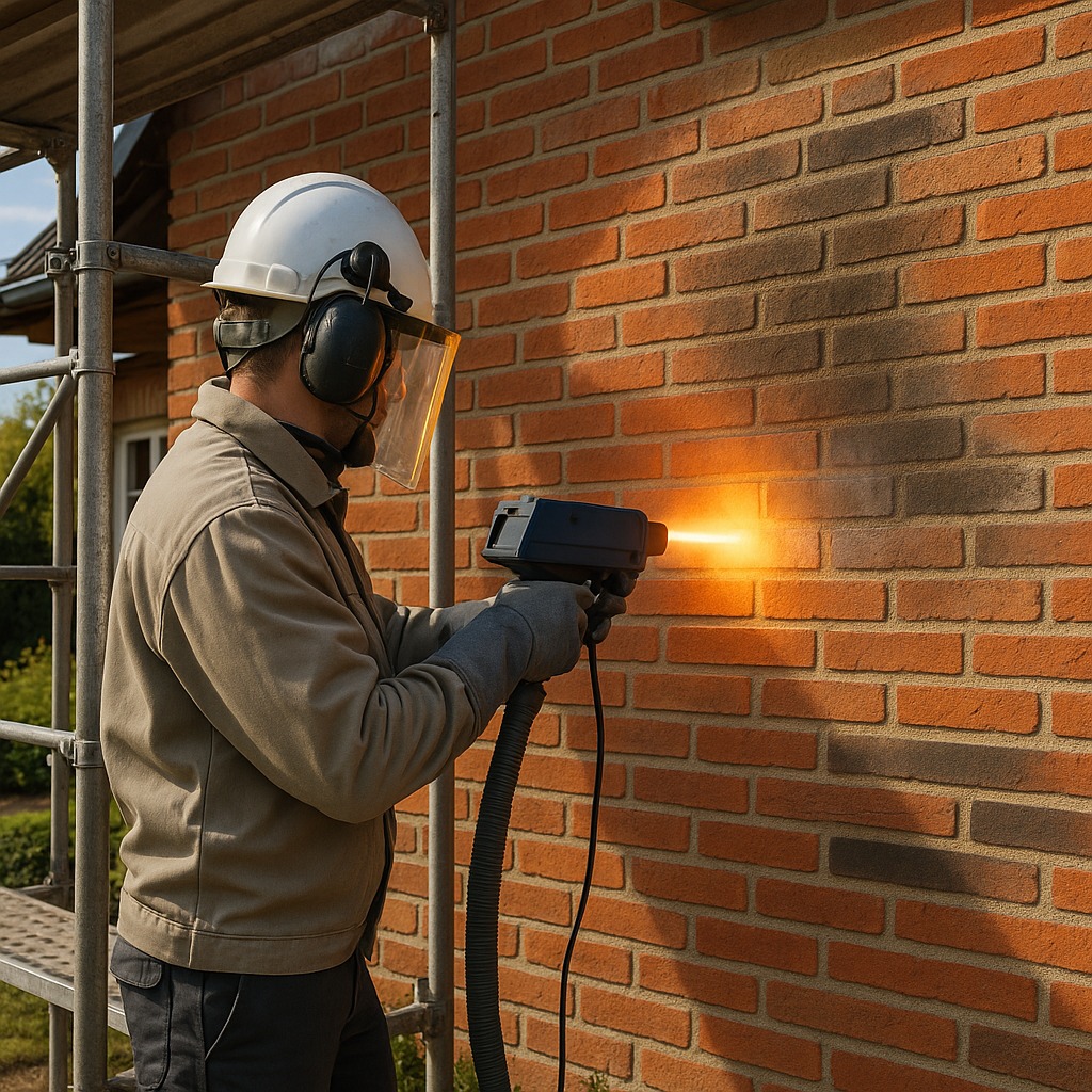 Pracownik w kasku i osłonie, czyszczący czerwoną ceglaną ścianę za pomocą specjalistycznego urządzenia emitującego pomarańczowe światło. Widoczne rusztowanie.