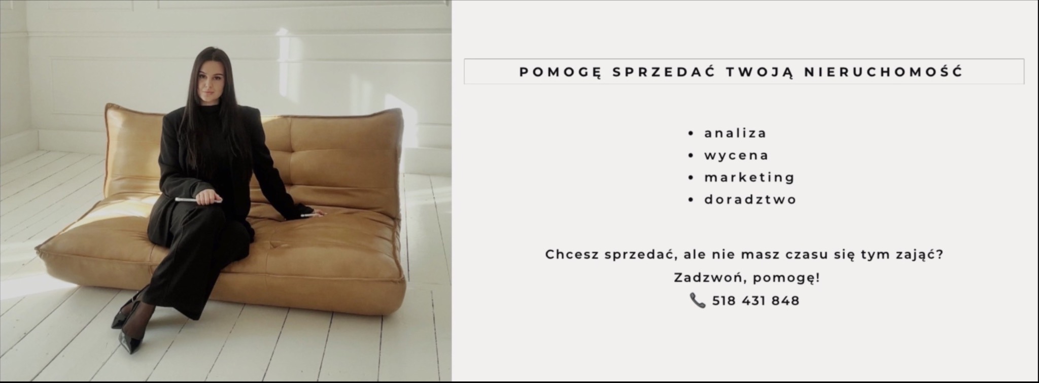 Kobieta w czarnym garniturze siedzi na skórzanej sofie, obok tekst reklamowy: Pomogę sprzedać Twoją nieruchomość, analiza, wycena, marketing, doradztwo, kontakt telefoniczny.
