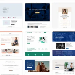 Kolaż stron internetowych z różnymi układami i treściami, prezentujący różnorodne style i projekty wizualne. Widoczne nagłówki, grafiki i przyciski akcji.
