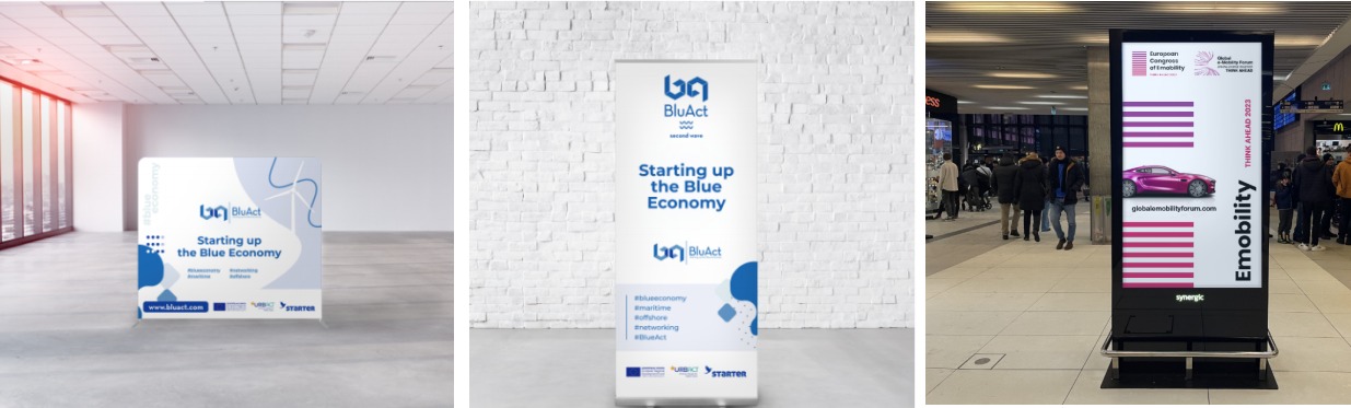 Kompozycja trzech zdjęć: roll-up reklamowy BluAct w biurze, baner BluAct na tle ceglanej ściany i cyfrowy billboard Emobility w przestrzeni publicznej.