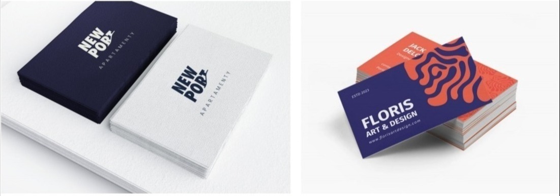 Dwa zestawy wizytówek: granatowe i białe z logo 'New Port Apartamenty' oraz niebiesko-pomarańczowe z napisem 'FLORIS Art & Design'.