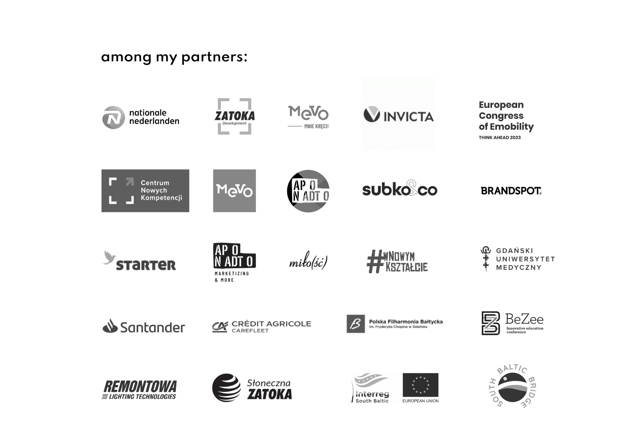 Prezentacja partnerów: Zestawienie logo różnych firm i organizacji, w tym Nationale Nederlanden, Zatoka Development, Santander i inne. Czarno-biała grafika na białym tle.