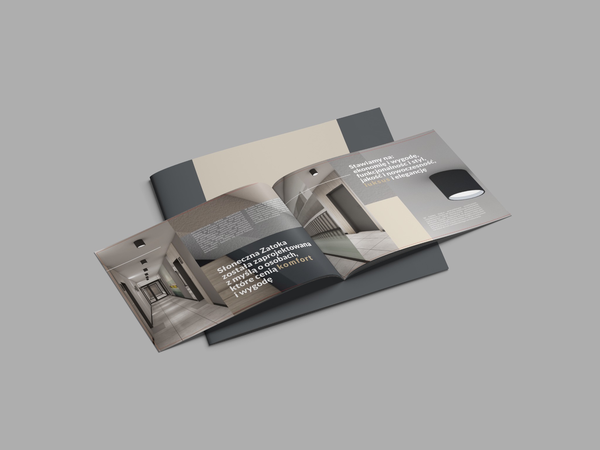 Otwarty katalog/broszura z wizualizacją wnętrza budynku, leżąca na szarym tle. Widoczne teksty i zdjęcia prezentujące projekt architektoniczny.