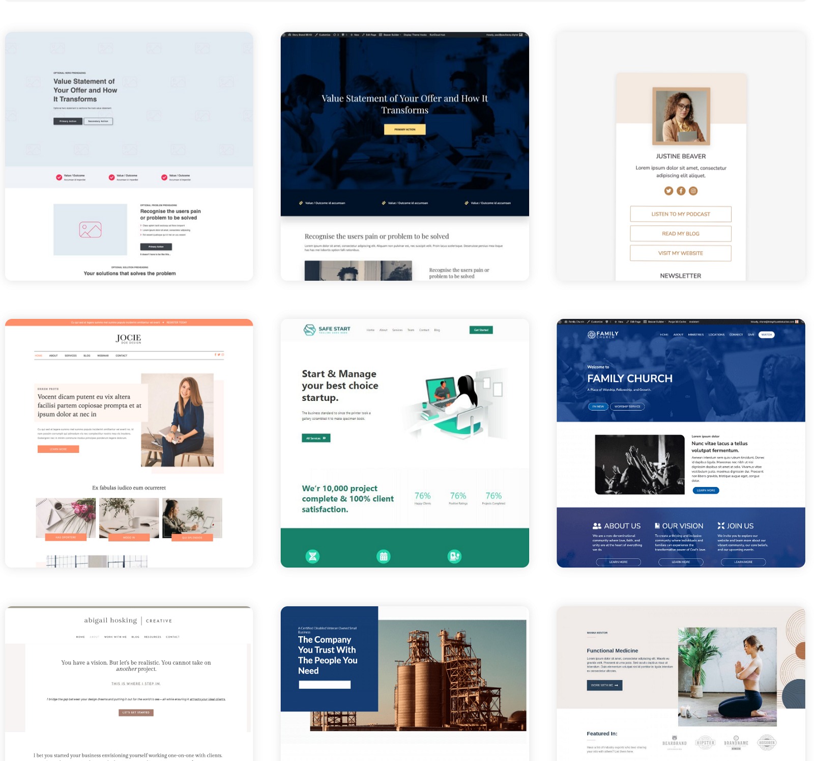 Kolaż stron internetowych z różnymi układami i treściami, prezentujący różnorodne style i projekty wizualne. Widoczne nagłówki, grafiki i przyciski akcji.