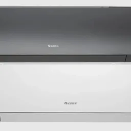 Dwa klimatyzatory marki Gree, jeden grafitowy, drugi biały, na jasnym tle, widoczne logo producenta.