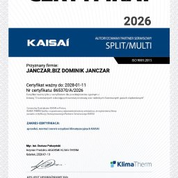 JANCZAR.BIZ DOMINIK JANCZAR - Certyfikat autoryzacji firmy JANCZAR.BIZ DOMINIK JANCZAR jako partnera serwisowego KAISAI (SPLIT/MULTI) do 2028 r. Uprawnienia do sprzedaży, montażu i serwisu klimatyzacji.