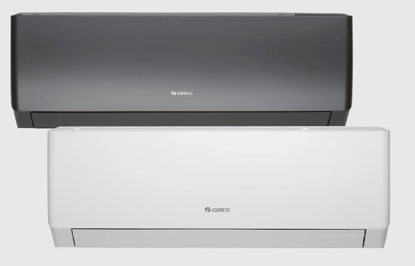 Dwa klimatyzatory marki Gree, jeden grafitowy, drugi biały, na jasnym tle, widoczne logo producenta.
