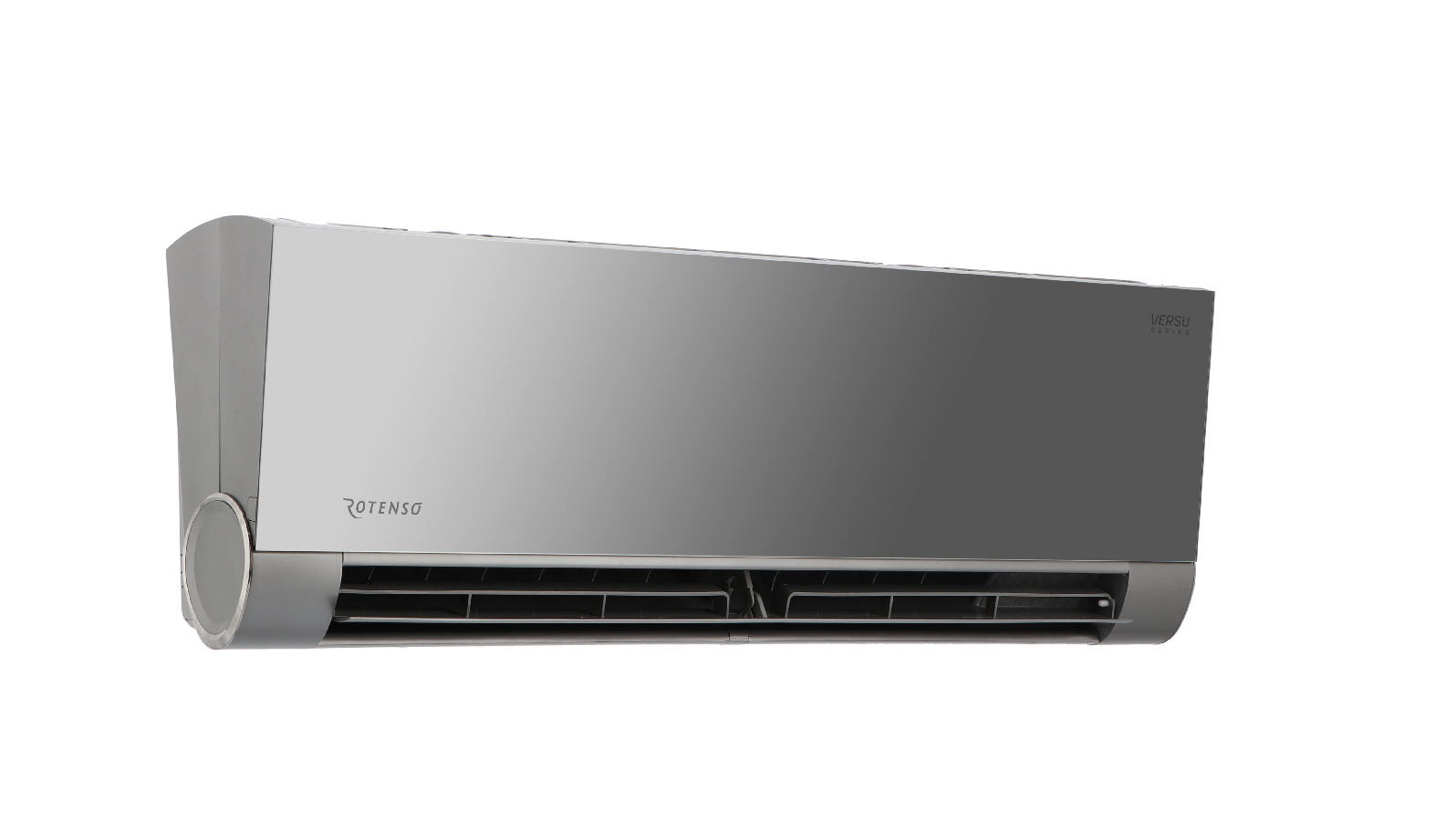 Szary klimatyzator ścienny marki Rotenso Versu Series na białym tle, widok z przodu.