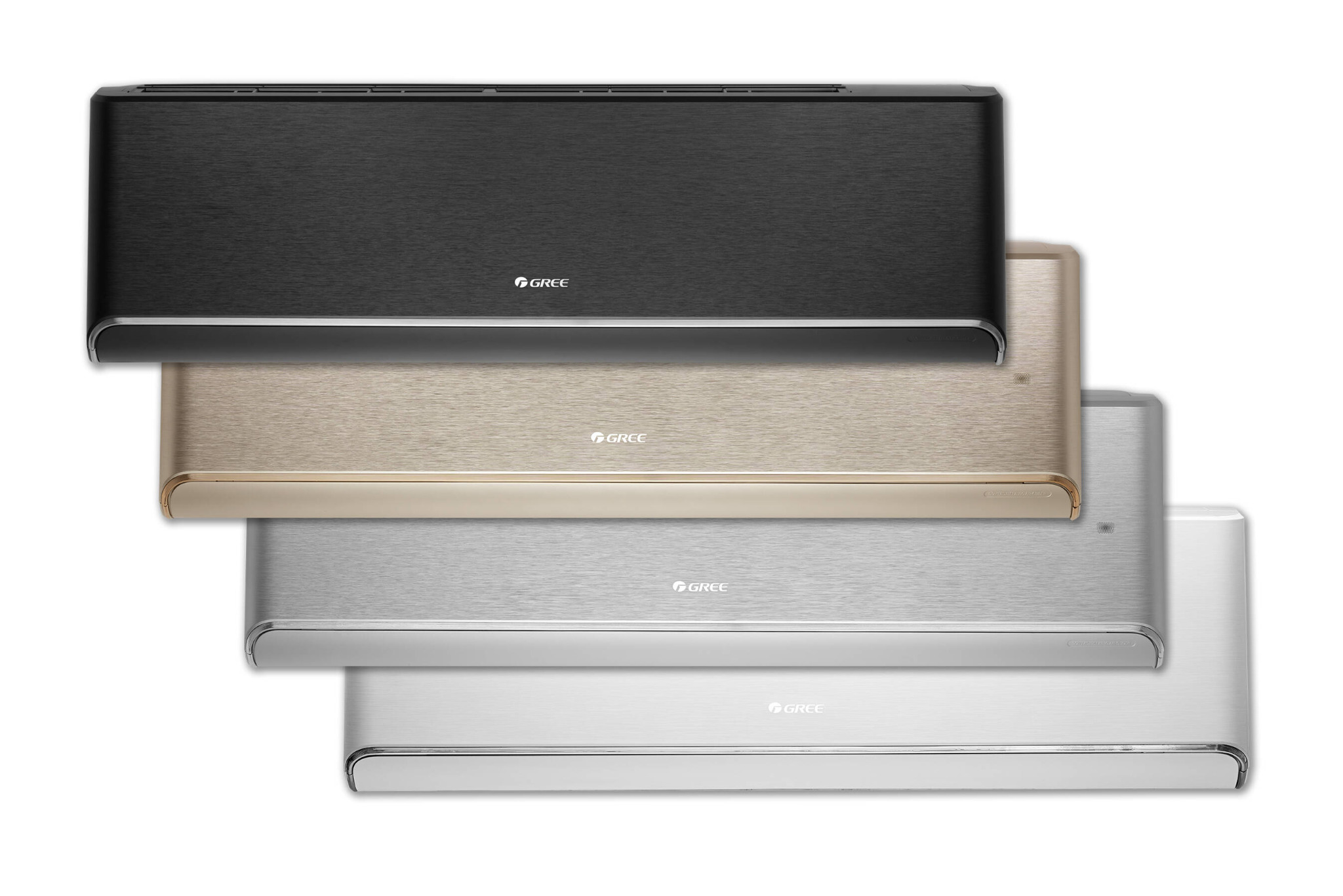 Cztery klimatyzatory marki Gree w różnych kolorach (czarny, złoty, srebrny, biały) ułożone jeden na drugim na białym tle, prezentacja modeli.