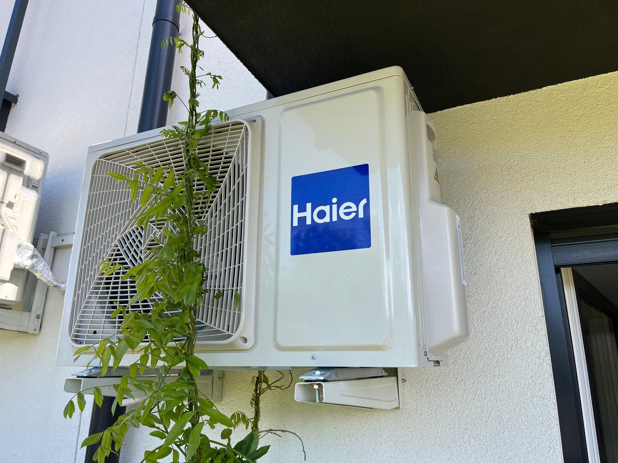 Biała jednostka zewnętrzna klimatyzacji Haier zamontowana na elewacji budynku, opleciona zielonym pnączem. Widoczny fragment okna i inna jednostka klimatyzacji w tle.