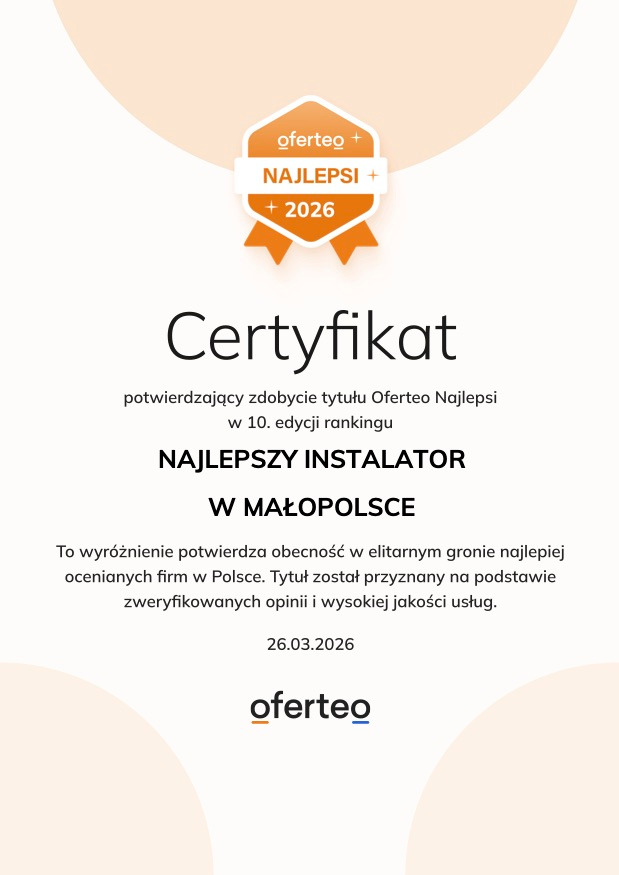 Certyfikat Oferteo Najlepsi 2026 dla najlepszego instalatora w Małopolsce, potwierdzający wysoką jakość usług i obecność w elitarnym gronie.
