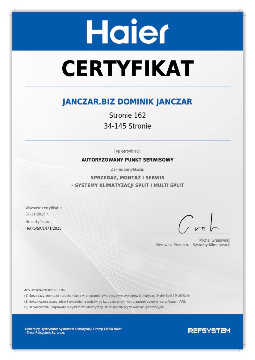 Certyfikat autoryzowanego punktu serwisowego Haier. Dokument potwierdza uprawnienia do sprzedaży, montażu i serwisu systemów klimatyzacji split i multi split.